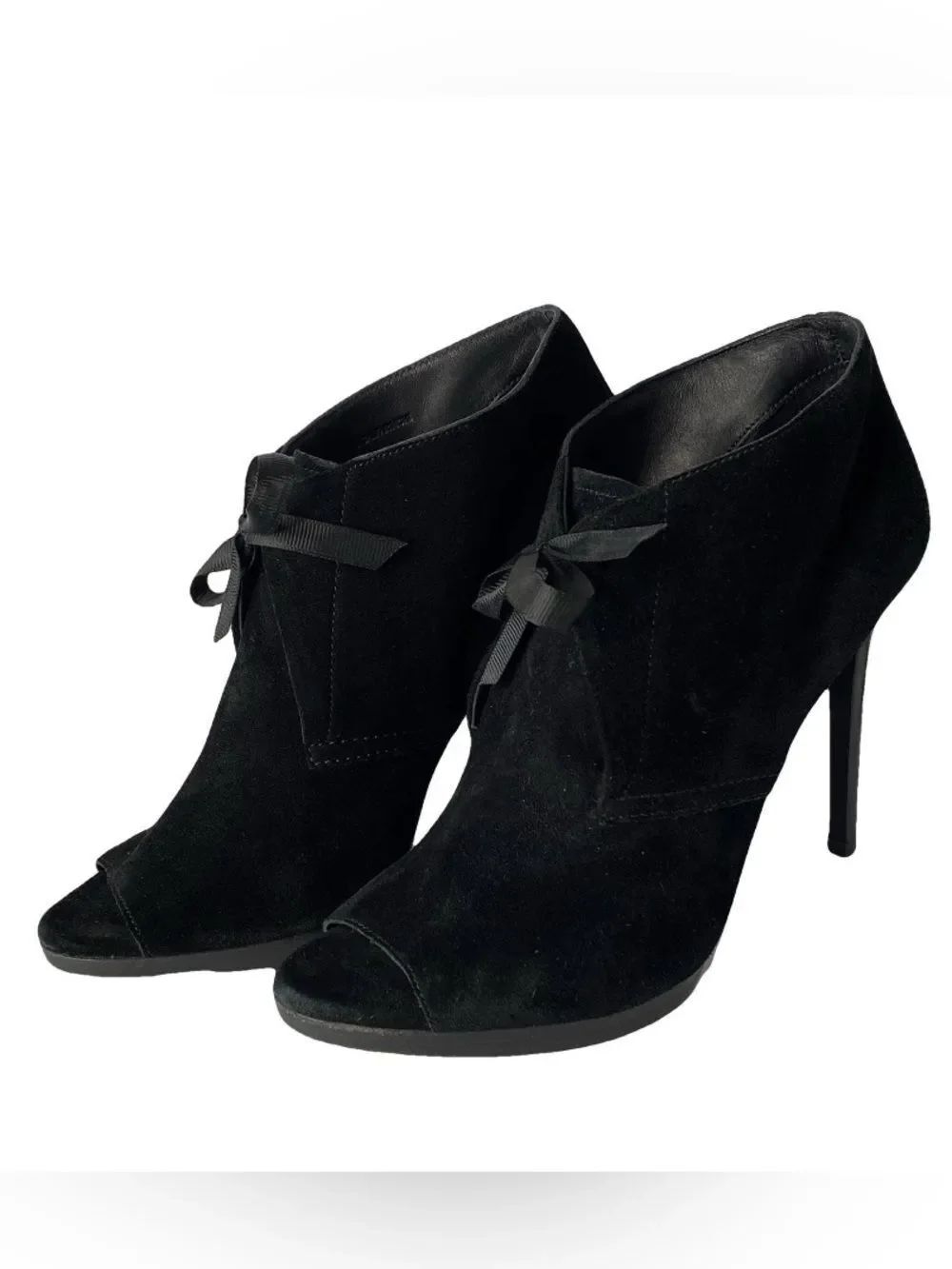 🛍️ Burberry Authentic Black Suede Peep-Toe Ankle Booties with Ribbon Tie